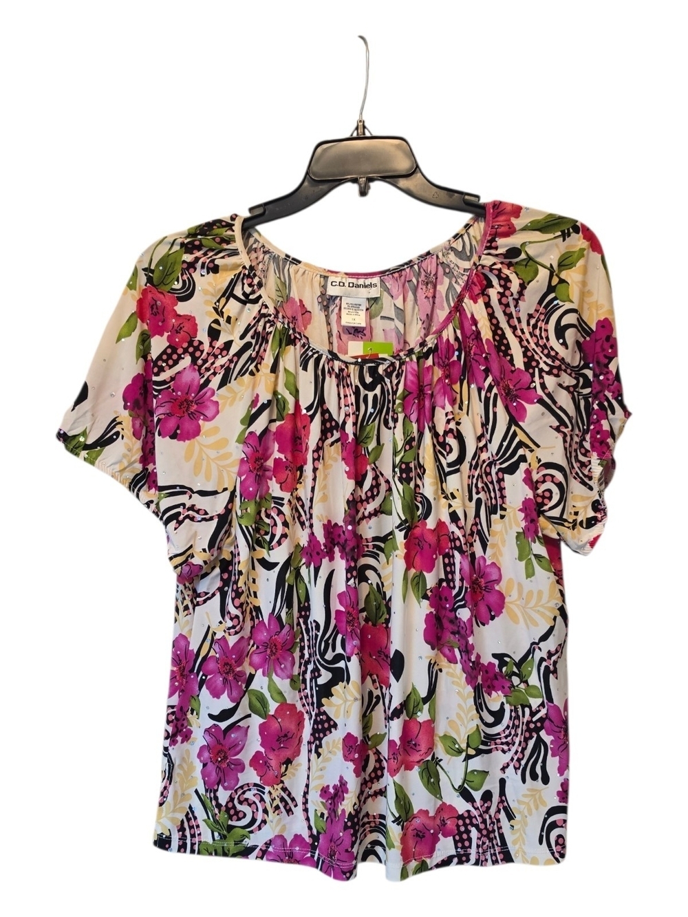 🇺🇸Gorgeous Pink Floral Short-Sleeve Scoop-Neck Blouse With Embellishments